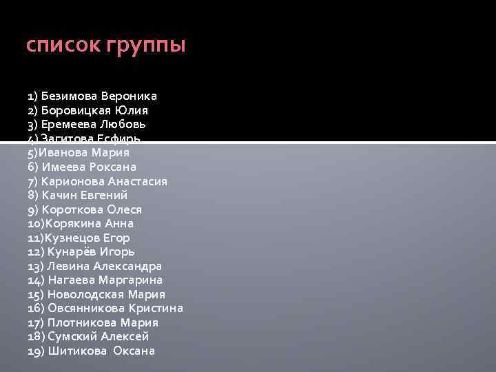 список группы 1) Безимова Вероника 2) Боровицкая Юлия 3) Еремеева Любовь 4) Загитова Есфирь