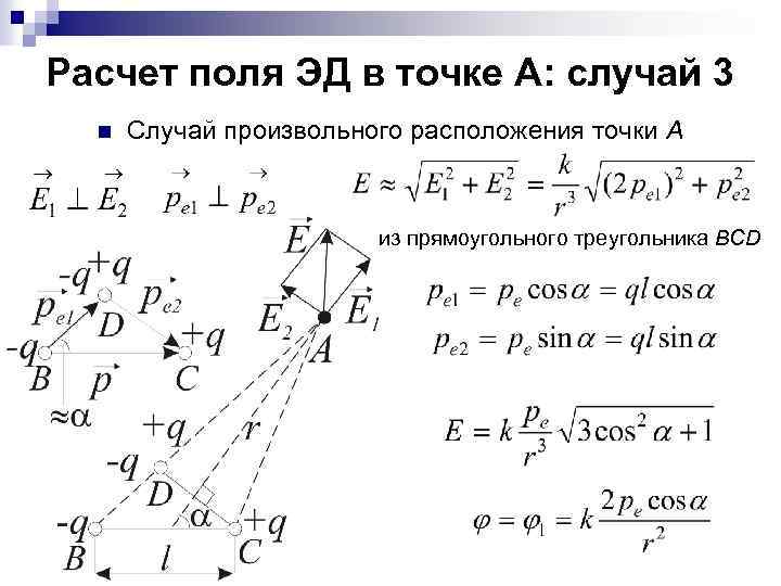 Расчет поля ЭД в точке А: случай 3 n Случай произвольного расположения точки А