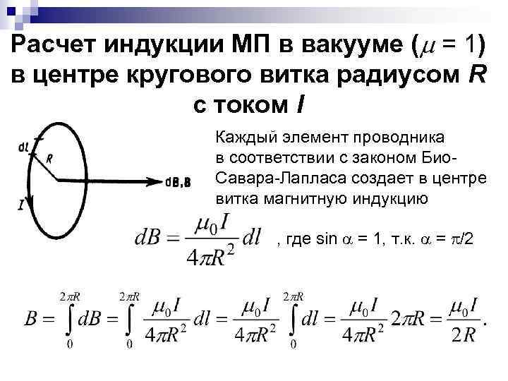 Расчет индукции МП в вакууме ( = 1) в центре кругового витка радиусом R