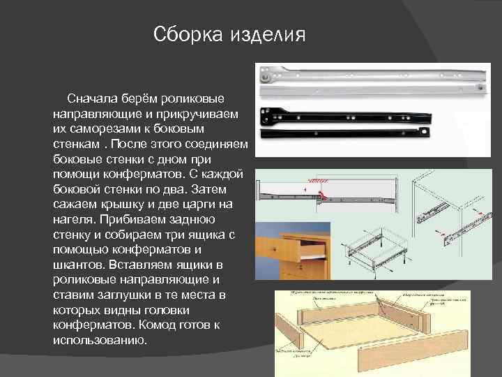 Сборка изделия Сначала берём роликовые направляющие и прикручиваем их саморезами к боковым стенкам. После