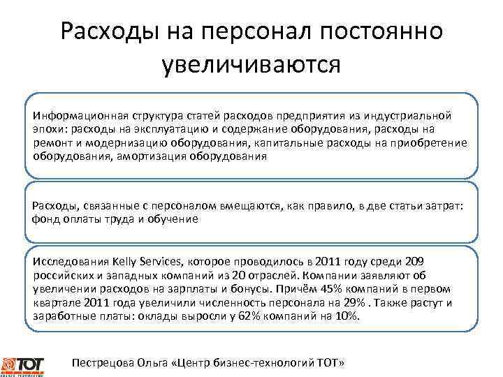 Расходы на персонал постоянно увеличиваются Информационная структура статей расходов предприятия из индустриальной эпохи: расходы