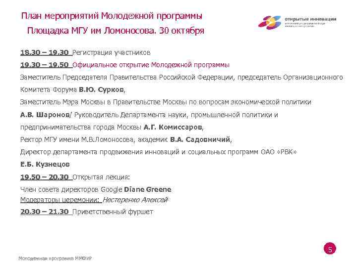 План мероприятий Молодежной программы Площадка МГУ им Ломоносова. 30 октября 18. 30 – 19.