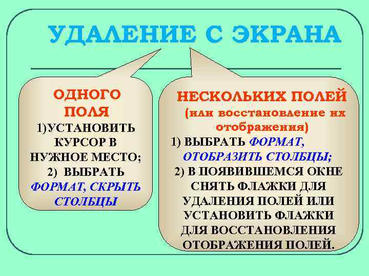 УДАЛЕНИЕ С ЭКРАНА ОДНОГО ПОЛЯ 1)УСТАНОВИТЬ КУРСОР В НУЖНОЕ МЕСТО; 2) ВЫБРАТЬ ФОРМАТ, СКРЫТЬ