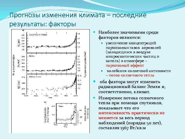 Прогнозы изменения климата – последние результаты: факторы Наиболее значимыми среди факторов являются: увеличение концентраций