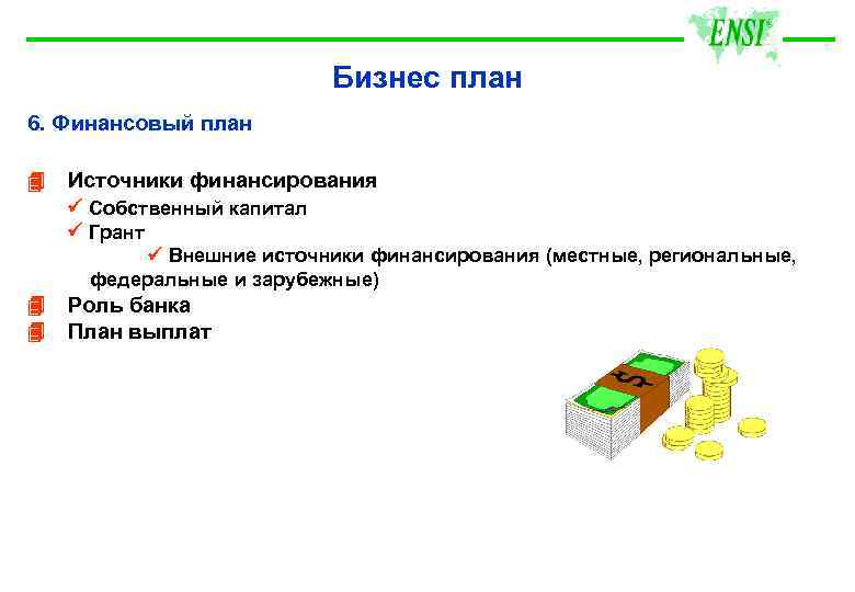 Бизнес план 6. Финансовый план Источники финансирования Собственный капитал Грант Внешние источники финансирования (местные,