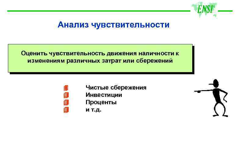 Анализ чувствительности Оценить чувствительность движения наличности к изменениям различных затрат или сбережений Чистые сбережения