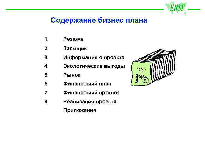 Содержание бизнес плана 1. Резюме 2. Заемщик 3. Информация о проекте 4. Экологические выгоды