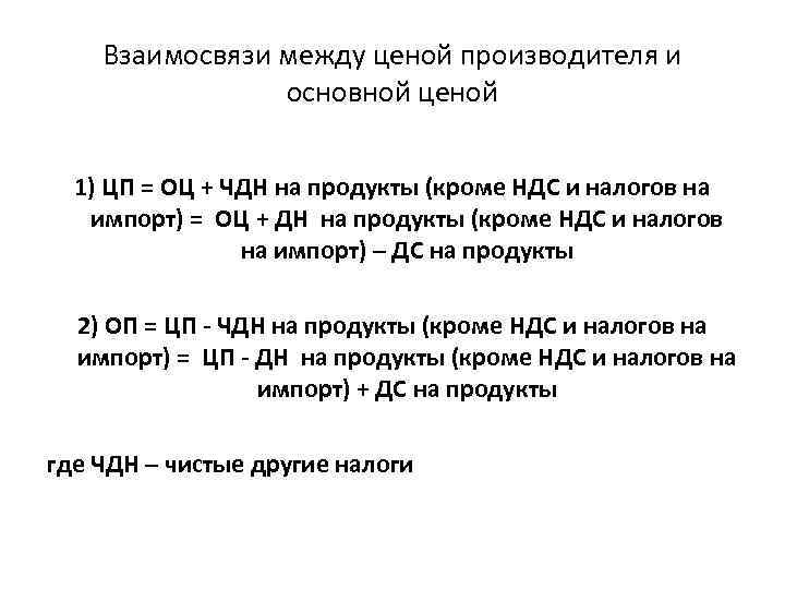 Взаимосвязи между ценой производителя и основной ценой 1) ЦП = ОЦ + ЧДН на