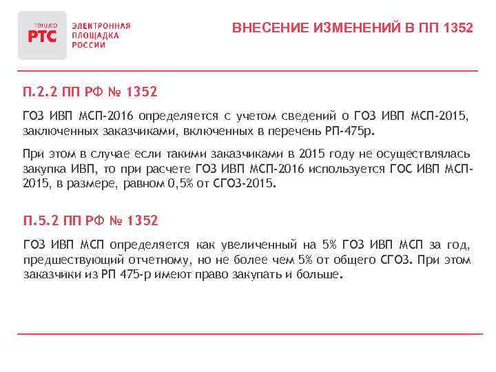ВНЕСЕНИЕ ИЗМЕНЕНИЙ В ПП 1352 П. 2. 2 ПП РФ № 1352 ГОЗ ИВП