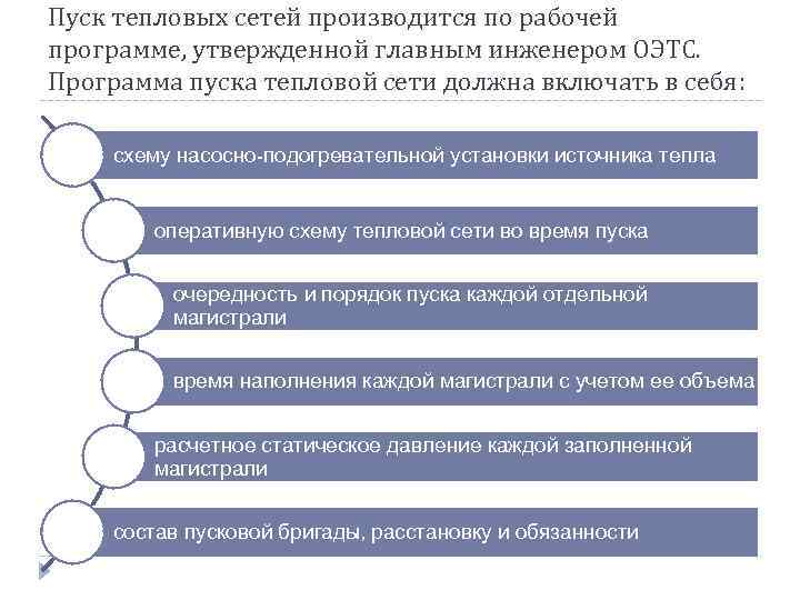 Пуск тепловых сетей производится по рабочей программе, утвержденной главным инженером ОЭТС. Программа пуска тепловой