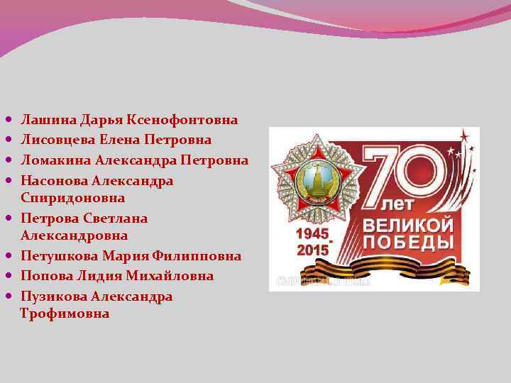  Лашина Дарья Ксенофонтовна Лисовцева Елена Петровна Ломакина Александра Петровна Насонова Александра Спиридоновна Петрова