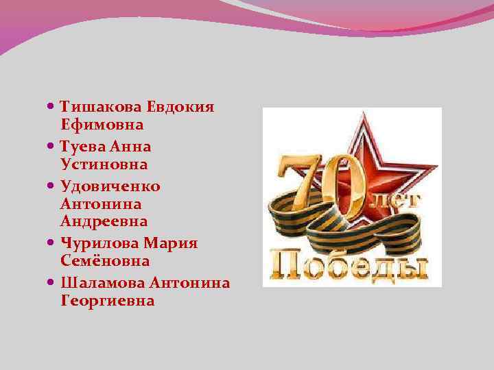  Тишакова Евдокия Ефимовна Туева Анна Устиновна Удовиченко Антонина Андреевна Чурилова Мария Семёновна Шаламова