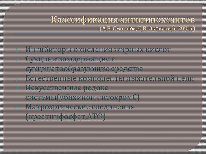 Классификация антигипоксантов (А. В. Смирнов, С. В. Оковитый, 2001 г) 1. 2. 3. 4.