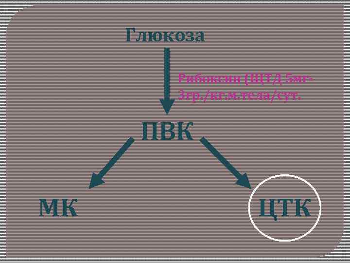 Глюкоза Рибоксин (ЩТД 5 мг 3 гр. /кг. м. тела/сут. ПВК МК ЦТК 