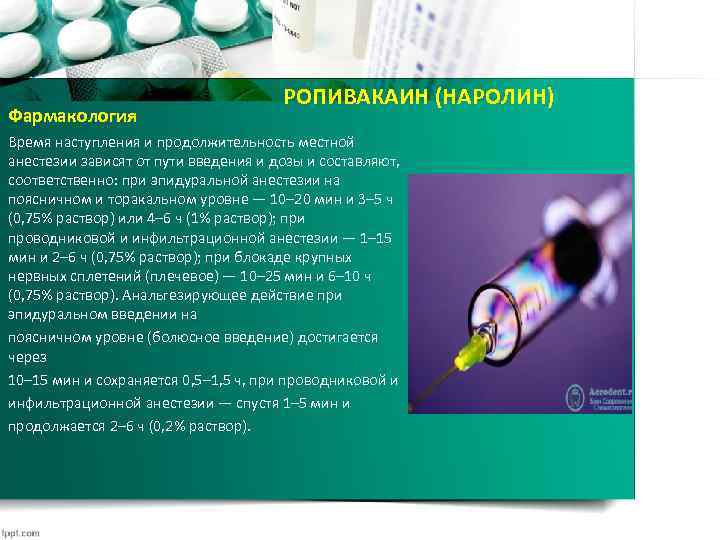 Фармакология РОПИВАКАИН (НАРОЛИН) Время наступления и продолжительность местной анестезии зависят от пути введения и