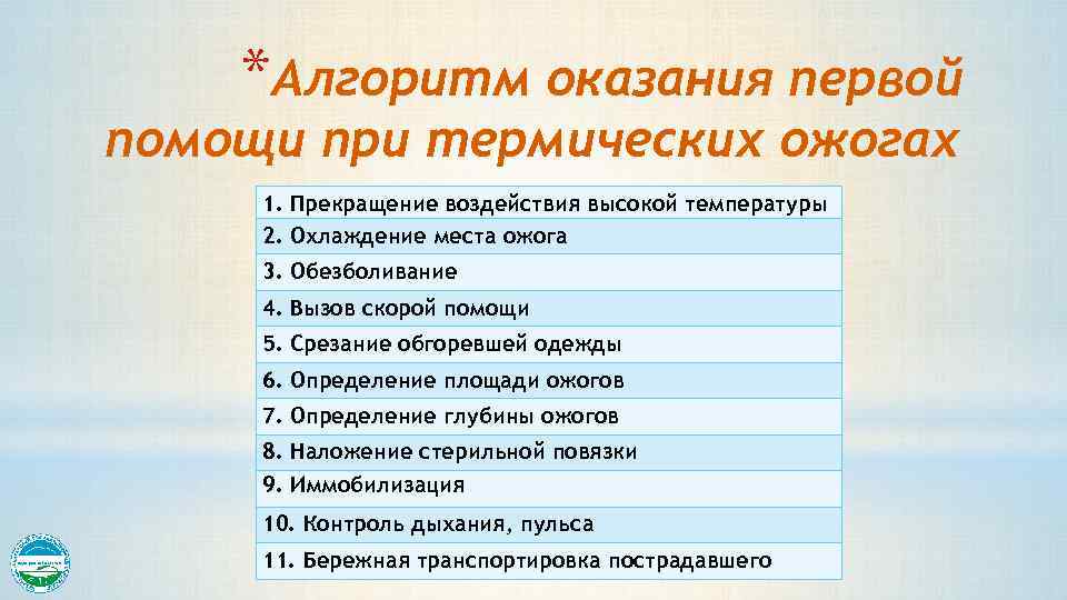 *Алгоритм оказания первой помощи при термических ожогах 1. Прекращение воздействия высокой температуры 2. Охлаждение