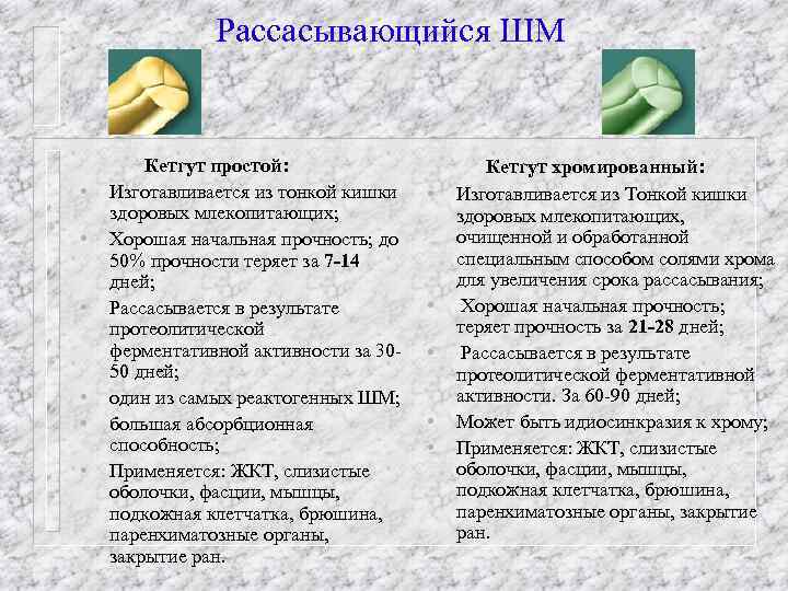 Рассасывающийся ШМ • • • Кетгут простой: Изготавливается из тонкой кишки здоровых млекопитающих; Хорошая