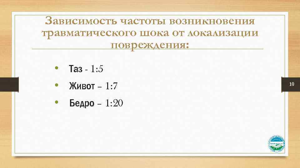 Зависимость частоты возникновения травматического шока от локализации повреждения: • Таз - 1: 5 •