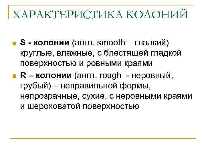 ХАРАКТЕРИСТИКА КОЛОНИЙ n n S - колонии (англ. smooth – гладкий) круглые, влажные, с