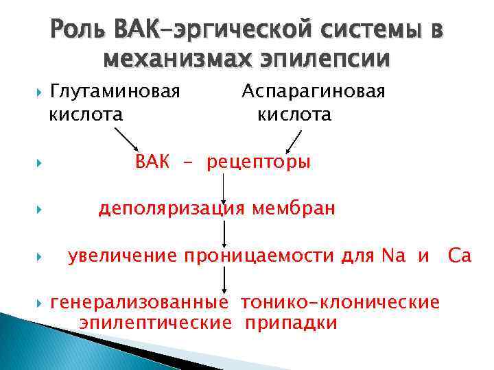 Роль ВАК-эргической системы в механизмах эпилепсии Глутаминовая кислота Аспарагиновая кислота ВАК - рецепторы деполяризация