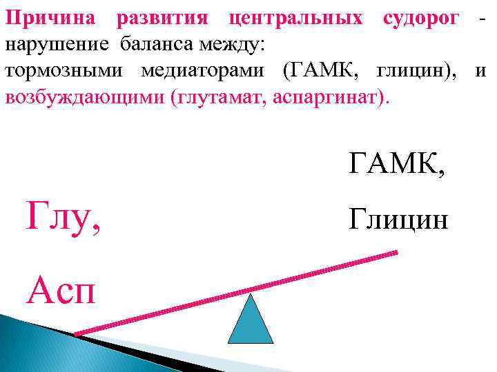 Причина развития центральных судорог нарушение баланса между: тормозными медиаторами (ГАМК, глицин), и возбуждающими (глутамат,