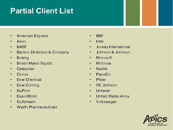 Partial Client List • • • • American Express Avon BASF Becton, Dickinson &