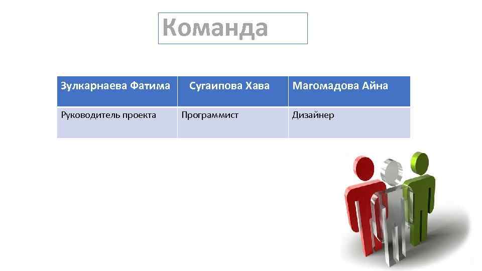 Команда Зулкарнаева Фатима Руководитель проекта Сугаипова Хава Программист Магомадова Айна Дизайнер 