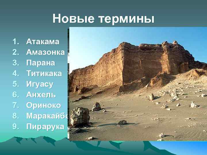 Новые термины 1. 2. 3. 4. 5. 6. 7. 8. 9. Атакама Амазонка Парана