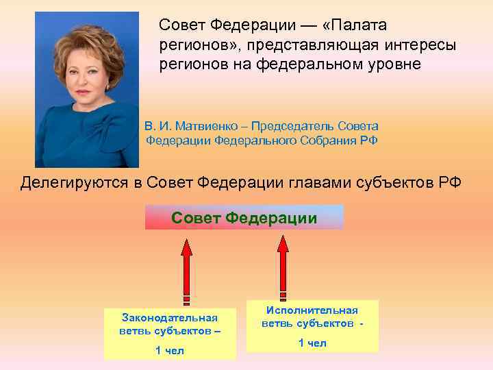 Совет Федерации — «Палата регионов» , представляющая интересы регионов на федеральном уровне В. И.