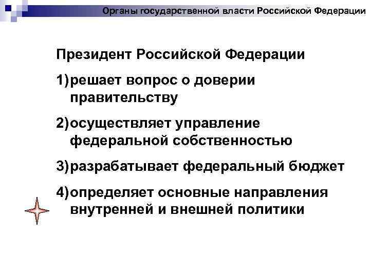 Органы государственной власти Российской Федерации Президент Российской Федерации 1) решает вопрос о доверии правительству