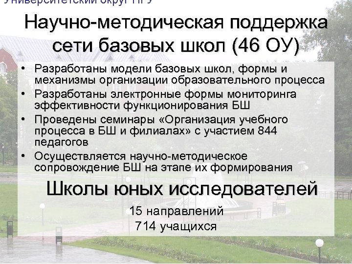 Университетский округ ПГУ Научно-методическая поддержка сети базовых школ (46 ОУ) • Разработаны модели базовых