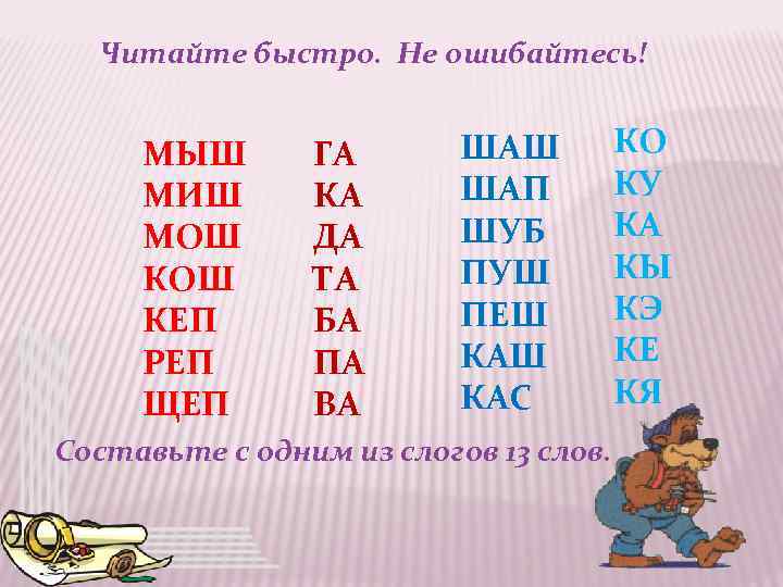 Читайте быстро. Не ошибайтесь! МЫШ МИШ МОШ КЕП РЕП ЩЕП ГА КА ДА ТА
