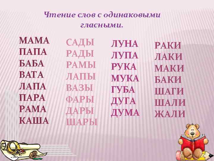 Чтение слов с одинаковыми гласными. МАМА ПАПА БАБА ВАТА ЛАПА ПАРА РАМА КАША САДЫ