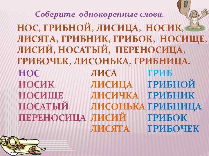Соберите однокоренные слова. НОС, ГРИБНОЙ, ЛИСИЦА, НОСИК, ЛИСЯТА, ГРИБНИК, ГРИБОК, НОСИЩЕ, ЛИСИЙ, НОСАТЫЙ, ПЕРЕНОСИЦА,