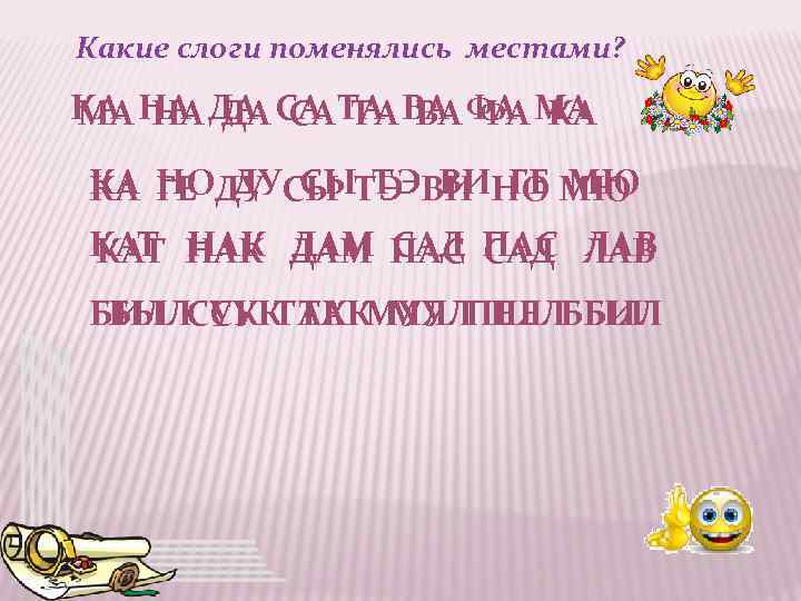 Какие слоги поменялись местами? КА НА ДА СА ТА ВА ФА МА МА НА