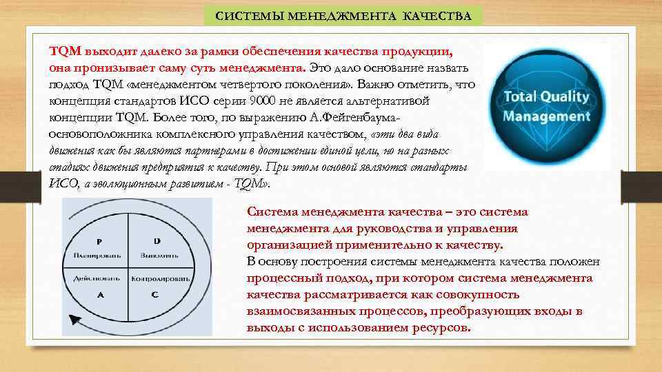 СИСТЕМЫ МЕНЕДЖМЕНТА КАЧЕСТВА TQM выходит далеко за рамки обеспечения качества продукции, она пронизывает саму