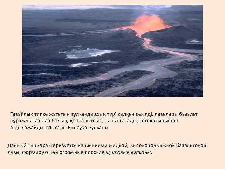 Гавайлық типке жататын вулкандардың түрі қалқан секілді, лавалары базальт құрамды газы аз болып, қорпалыссыз,