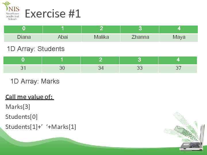 Exercise #1 0 1 2 3 4 Diana Abai Malika Zhanna Maya 1 D