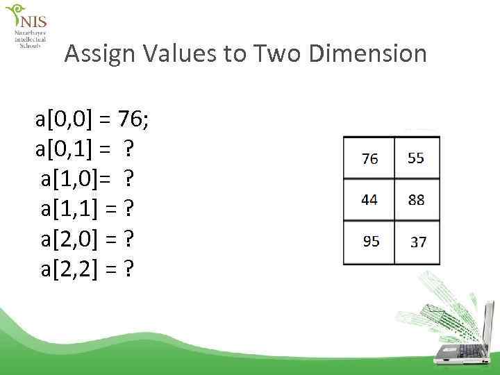 Assign Values to Two Dimension a[0, 0] = 76; a[0, 1] = ? a[1,