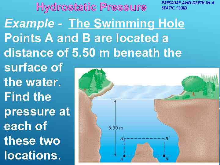 Hydrostatic Pressure PRESSURE AND DEPTH IN A STATIC FLUID Example - The Swimming Hole