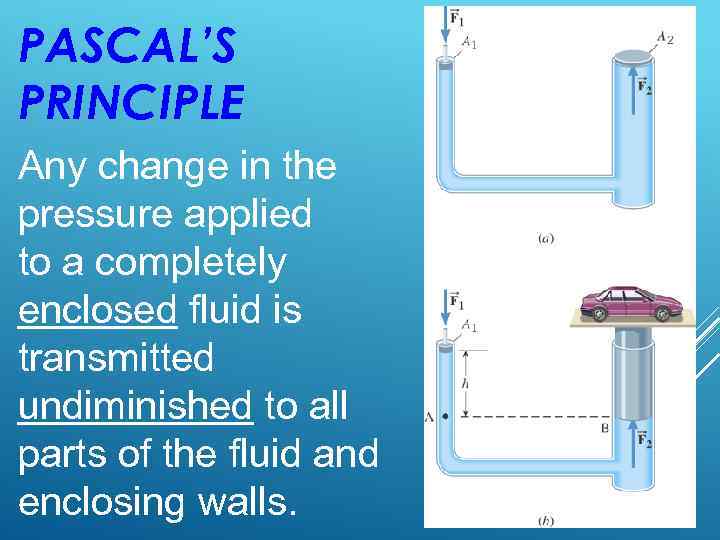 PASCAL’S PRINCIPLE Any change in the pressure applied to a completely enclosed fluid is