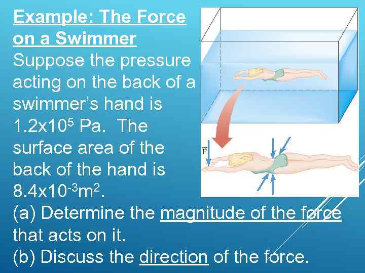 Example: The Force on a Swimmer Suppose the pressure acting on the back of