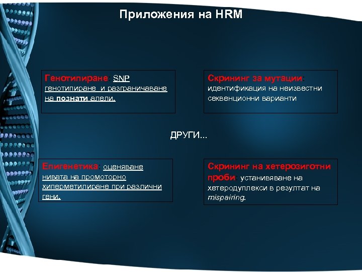 Приложения на HRM Генотипиране: SNP Скрининг за мутации: генотипиране и разграничаване на познати алели.