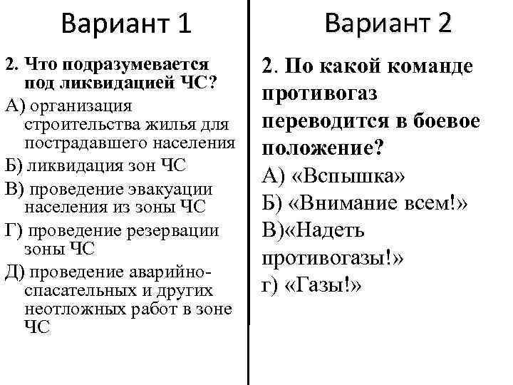 Вариант 1 2. Что подразумевается под ликвидацией ЧС? А) организация строительства жилья для пострадавшего