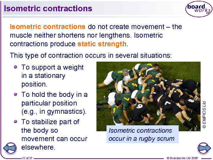 Isometric contractions do not create movement – the muscle neither shortens nor lengthens. Isometric