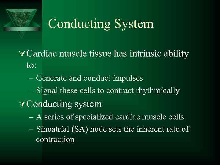 Conducting System Ú Cardiac muscle tissue has intrinsic ability to: – Generate and conduct