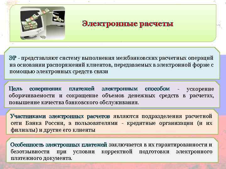 Электронные расчеты ЭР - представляют систему выполнения межбанковских расчетных операций на основании распоряжений клиентов,