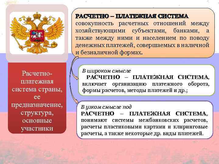 РАСЧЕТНО – ПЛАТЕЖНАЯ СИСТЕМА совокупность расчетных отношений между хозяйствующими субъектами, банками, а также между