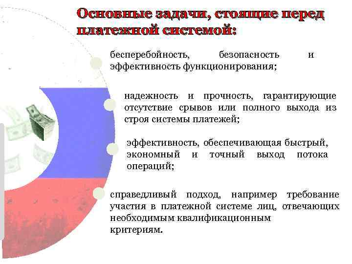 Основные задачи, стоящие перед платежной системой: бесперебойность, безопасность эффективность функционирования; и надежность и прочность,