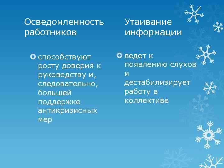 Осведомленность работников способствуют росту доверия к руководству и, следовательно, большей поддержке антикризисных мер Утаивание